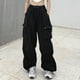 thumbnail image 5 of Pantalones casuales de pierna ancha para mujer, pantalones cargo informales sueltos con cordón y bolsillos grandes laterales con puños ceñidos, color negro M, 5 of 12
