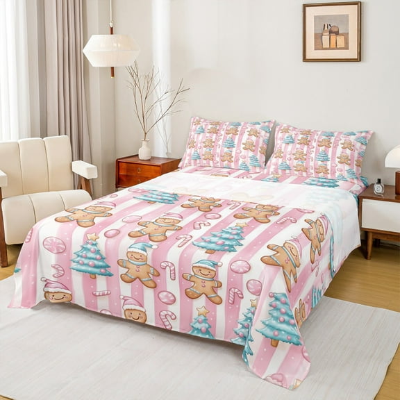 Feelyou Gingerbread Man Twin Sheet Sets for Kids, Christmas Dessert Twin Fitted Sheet, Xmas Tree Geometric Flat Sheet, Ultra Soft Home Decor, 3pcs
