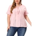 thumbnail image 1 of Plus Size Blouse for Women Self Tie Neck Lace Hollow Out Ruffle Short Sleeve Tops Pink 3X, 1 of 6