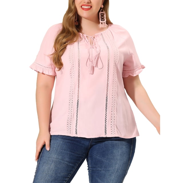 Plus Size Blouse for Women Self Tie Neck Lace Hollow Out Ruffle Short Sleeve Tops Pink 3X