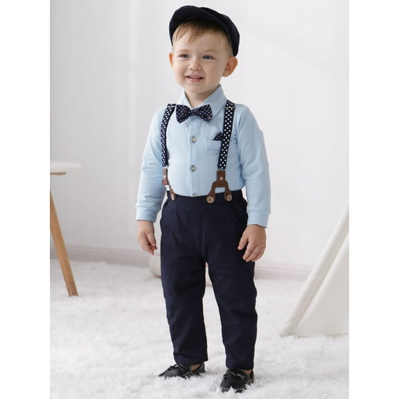 SANMIOI Infant Baby Boy Clothes 0-24 Months Gentleman's Suit Outfit Formal Shirt Suspender Pants Hat Bowtie 4pcs