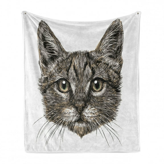 Animal Soft Flannel Fleece Throw Blanket, Little Cat Head Looking Innocently with Long Whiskers Sketchy Like Artwork, Cozy Plush for Indoor and Outdoor Use, 60" x 80", Grey, by Ambesonne
