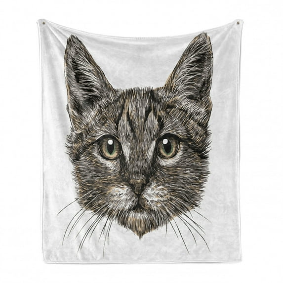 Animal Soft Flannel Fleece Throw Blanket, Little Cat Head Looking Innocently with Long Whiskers Sketchy Like Artwork, Cozy Plush for Indoor and Outdoor Use, 50" x 60", Grey, by Ambesonne