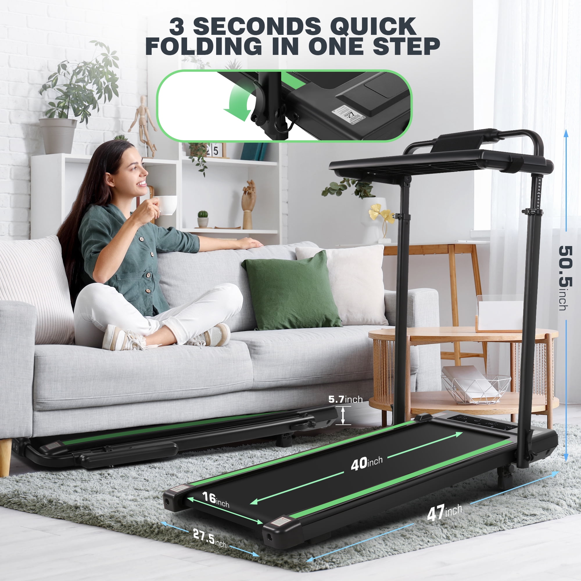 Simpfree Walking Pad with 6% Incline,3 in 1 Under Desk Treadmill with Height-Adjustable Desk 300lbs Capacity,Foldable Treadmill with Adjustable Handle,Touch Screen Remote Control,2s Folding,0.5-7.5mp