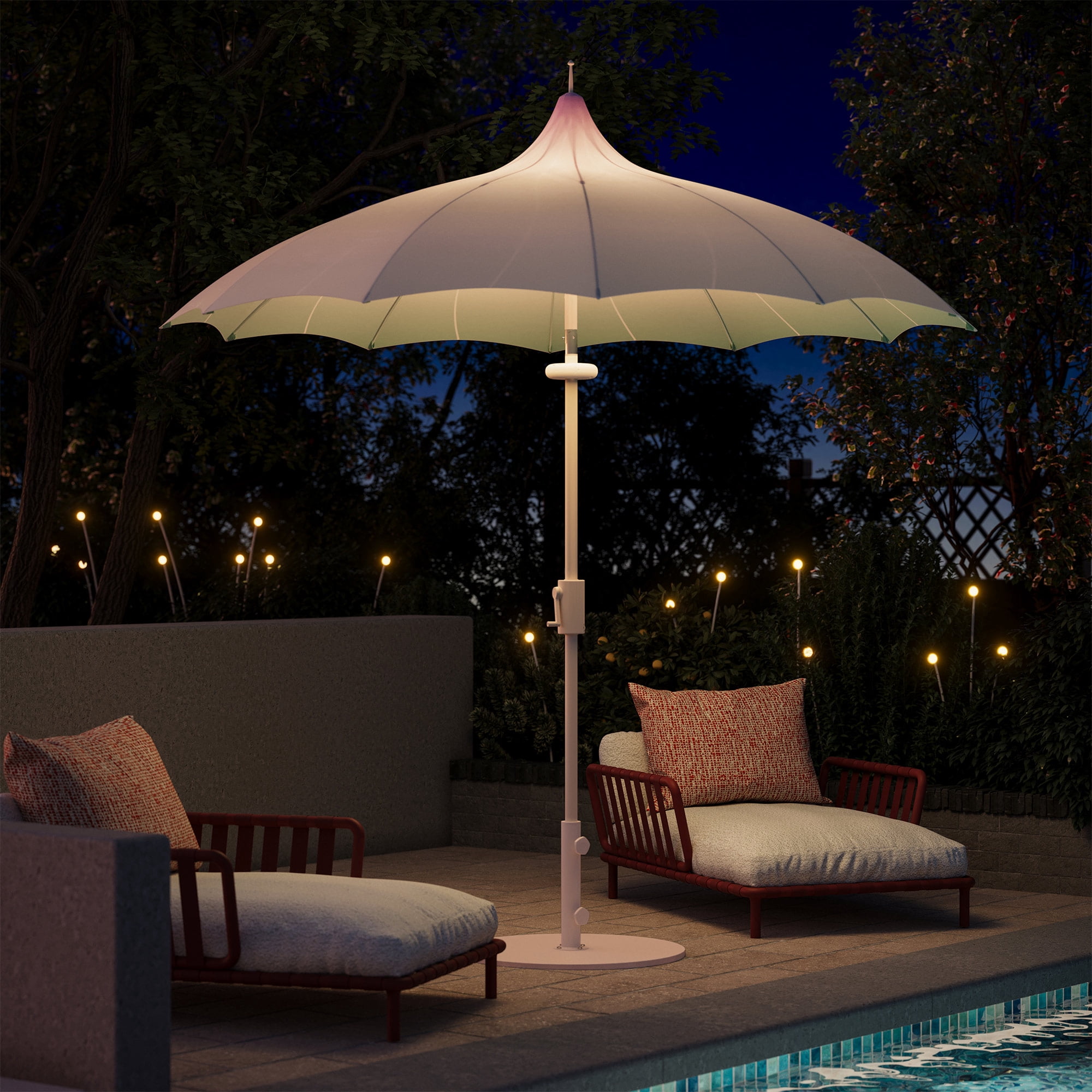 Decksplore 9ft Outdoor Pagoda Patio Umbrella with Lights, Patio Table Market Umbrella with Petal Design Canopy, 360° Rotation, Push-Button Tilt for Deck, Poolside or Garden