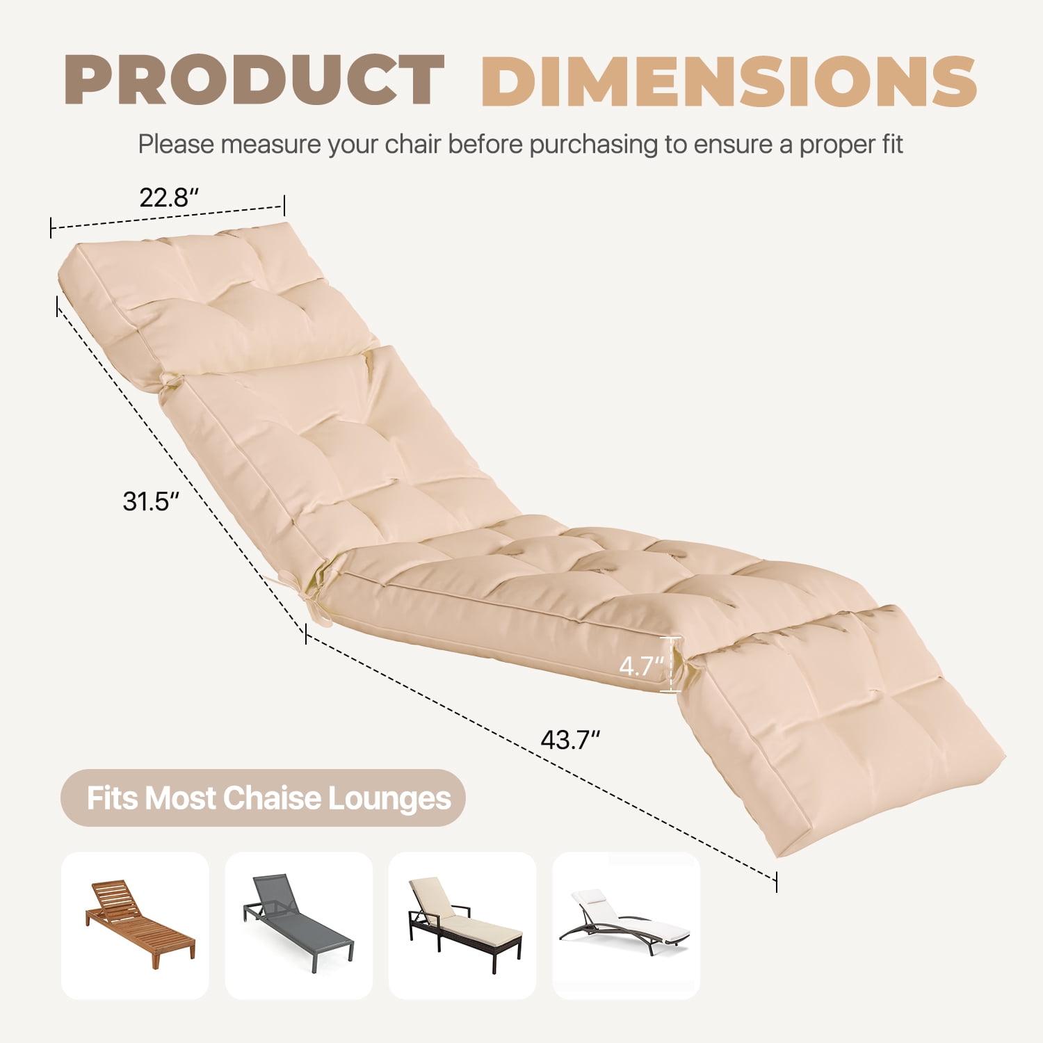 BaPiPro All-Weather Outdoor Chaise Lounge Cushion, Secure-Tie Patio Recliner Cushion with Plush PP Cotton Support for Patio, Poolside & Balcony, Beige