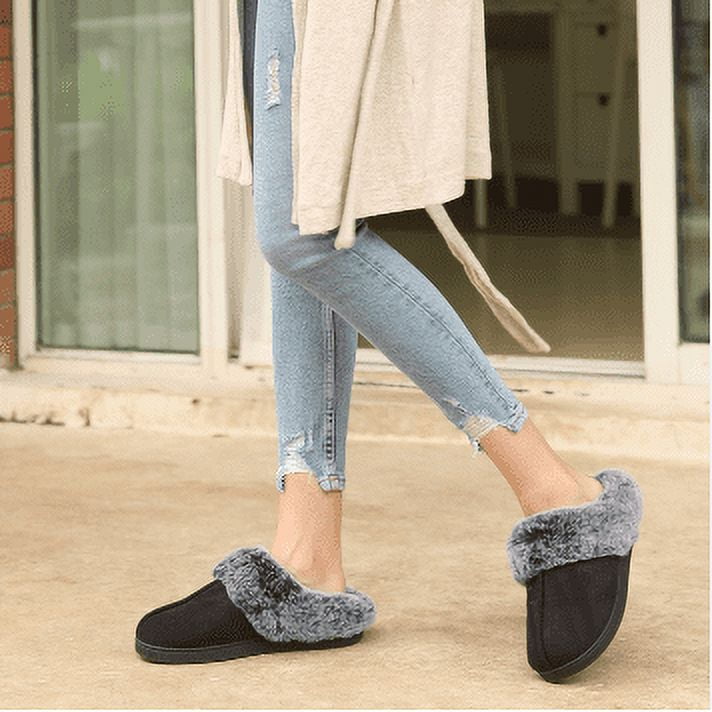 HomeTop Women s Cozy Microsuede Memory Foam Slippers with Warm Faux Fur Collar and Durable Rubber Sole Walmart