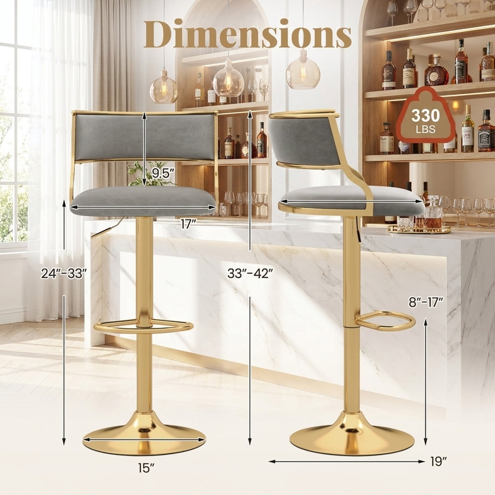 Furnibear Swivel Bar Stool Set of 2 Dutch Velvet Height Adjustable Island Stools for Kitchen Island Counter Bar Pub Dining Home, Grey