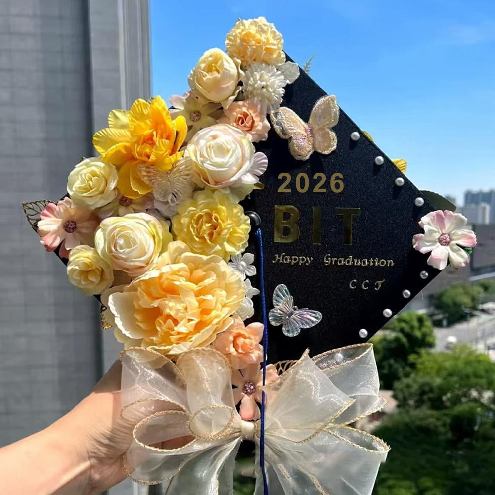 DIY Graduation Decorations Accessory Kit,Include 3D Artificial Flowers,Butterfly & Alphabet Letter Stickers,Pearl Stickers,Bowknot for DIY Hat Grad Topper Graduation Party Supplies