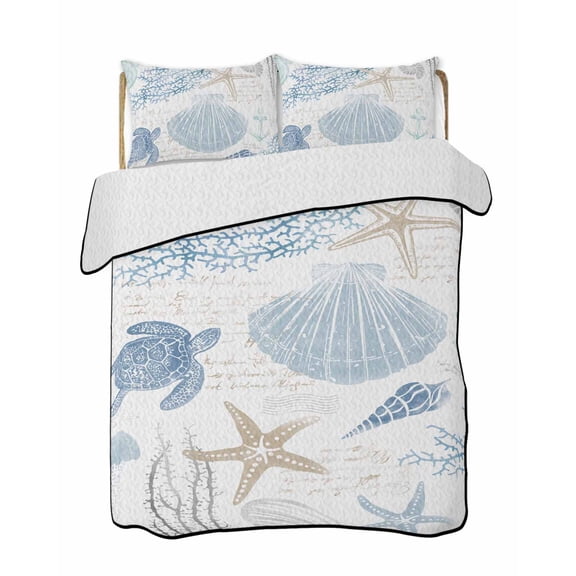 Quilts Twin-XL Size Bedding Set, Blue Coastal Nautical Lightweight Quilted Comforter, Beach Sea Turtle Ocean Coral Starfish Soft Bedspread Coverlet with Pillow Covers for All Season, 68" x 98"