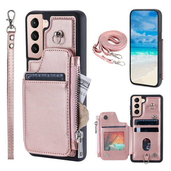 Crossbody Wallet Case for Samsung Galaxy S22 Plus with Card Slot Holder, Magnetic Flip Folio Purse Case, PU Leather Zipper Handbag with Detachable Lanyard Strap & Shoulder Strap, Rosegold