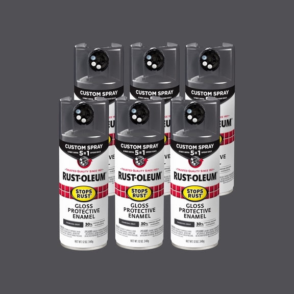 6 Pack, Charcoal Gray, Rust-Oleum Stops Rust Custom Spray 5 in 1 Gloss Spray Paint-376888, 12 oz