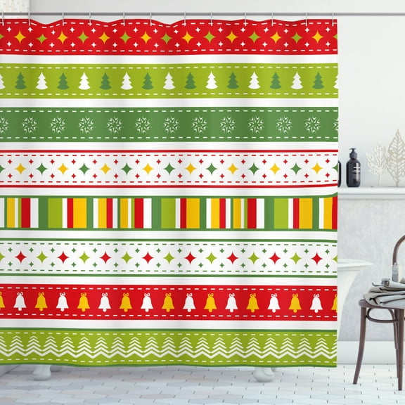 Ambesonne Christmas Shower Curtain, Traditional Borders, 69"Wx70"L, Lime Green Yellow Red