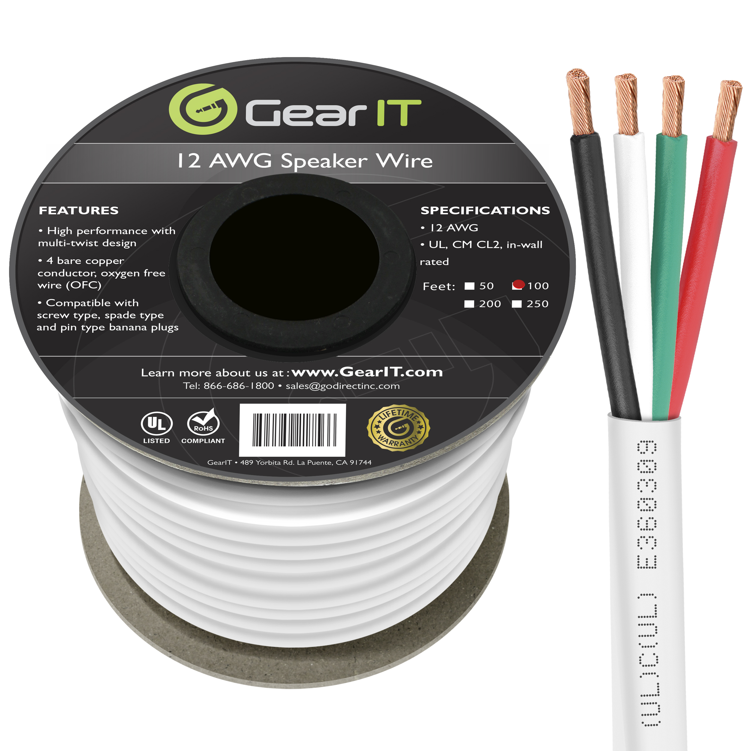 GearIT Pro Series 4-Conductor Speaker Wire OFC (99.9% Oxygen Free Copper) Speaker Wire CL2 Rated for In-Wall Speaker Cable - image 1 of 6