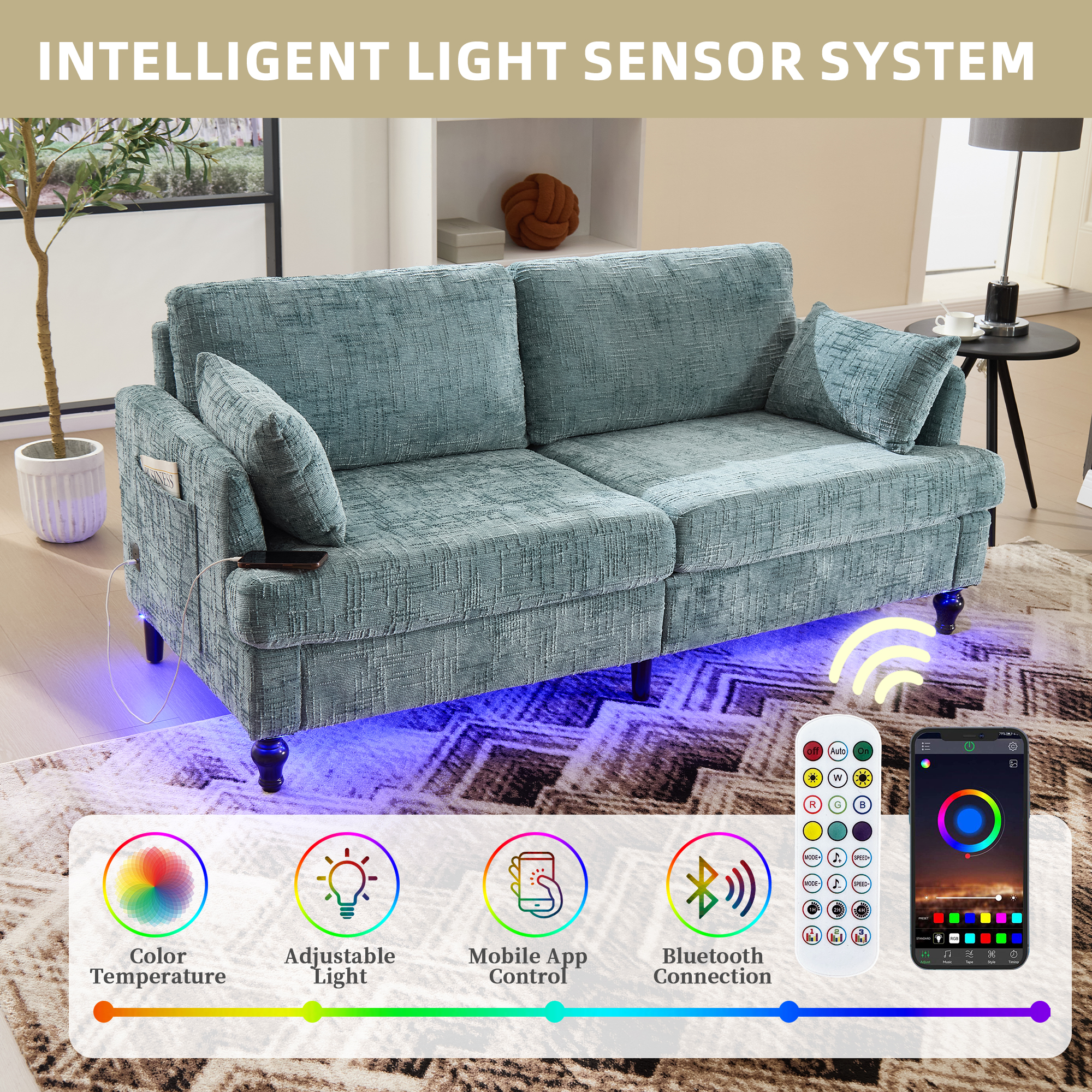 MOONMISS Chenille Upholstered Mid Century Modern Wood Frame Loveseats Sofa with LED light,USB and Side Pocket-Lake Blue