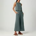 thumbnail image 4 of Women's Solid Color Linen 2 Piece Set - Sleeveless Crop Top & Wide Leg Pants with Side Pockets for Summer, 4 of 6