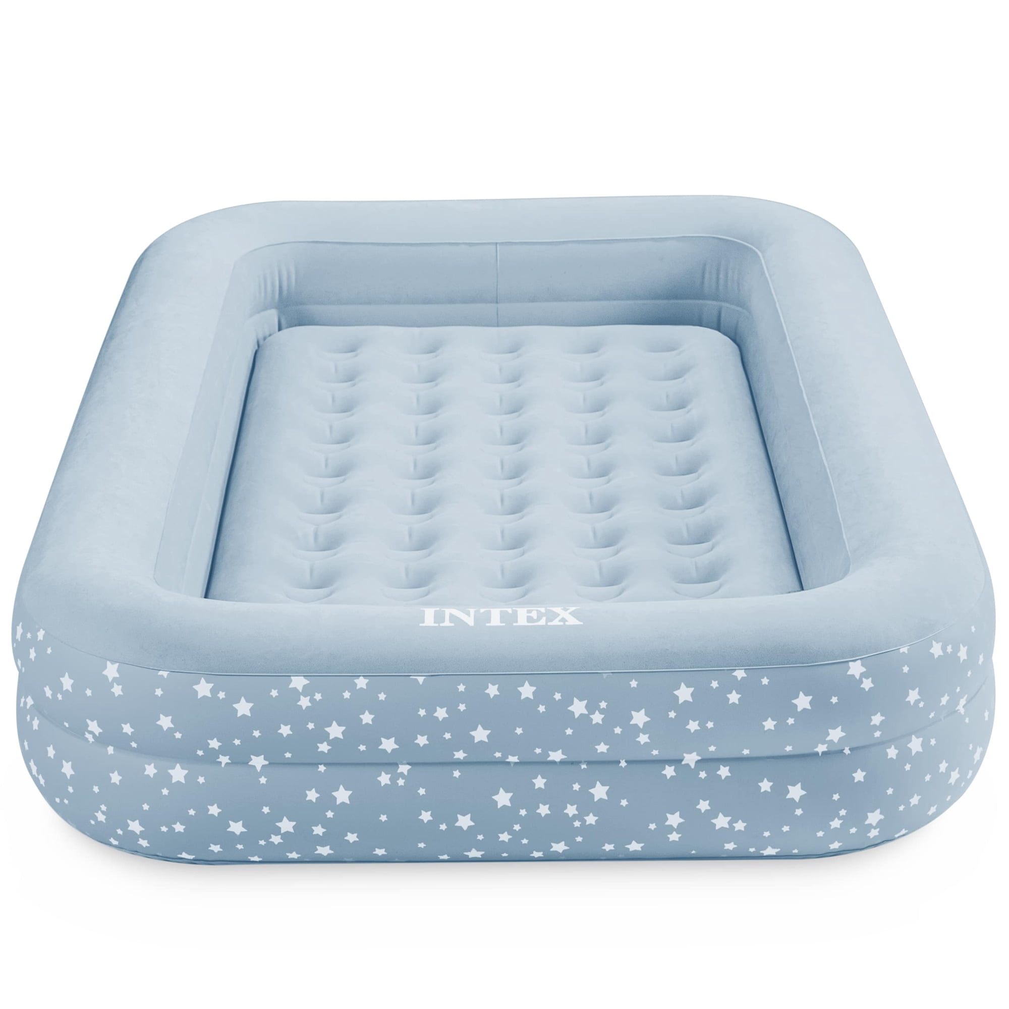 Intex: Kidz Travel Bed Set - Blue & White Stars - Inflatable Air Mattress, Raised Sides, 42 x 66 x 10", Hand Pump & Carry Bag, 50lb Limit, Kid Age 3+