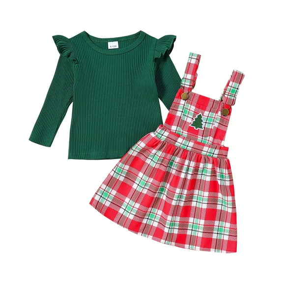 Gunia Baby Christmas Outfit Christmas Long Sleeve Ribbed T Shirts Tops Xmas Plaid Printed Suspender Skirts Outfits Toddler Outfits For Girls,Army Green 6-12 Months
