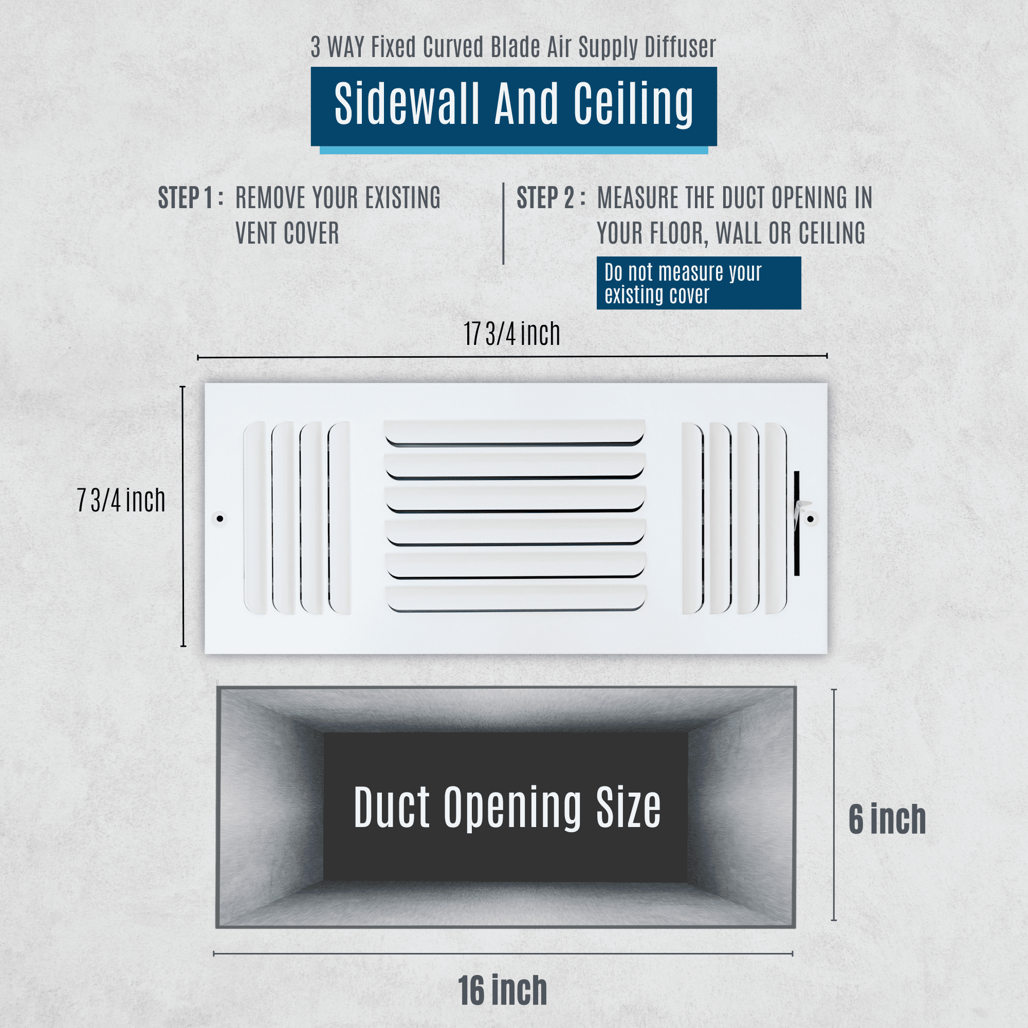 Fits 16x6 Duct Opening 3 WAY Fixed Curved Blade Air Supply Diffuser by Handua | Register Vent Cover Grill for Sidewall and Ceiling | White | Outer Dimensions: 17.75" X 7.75"