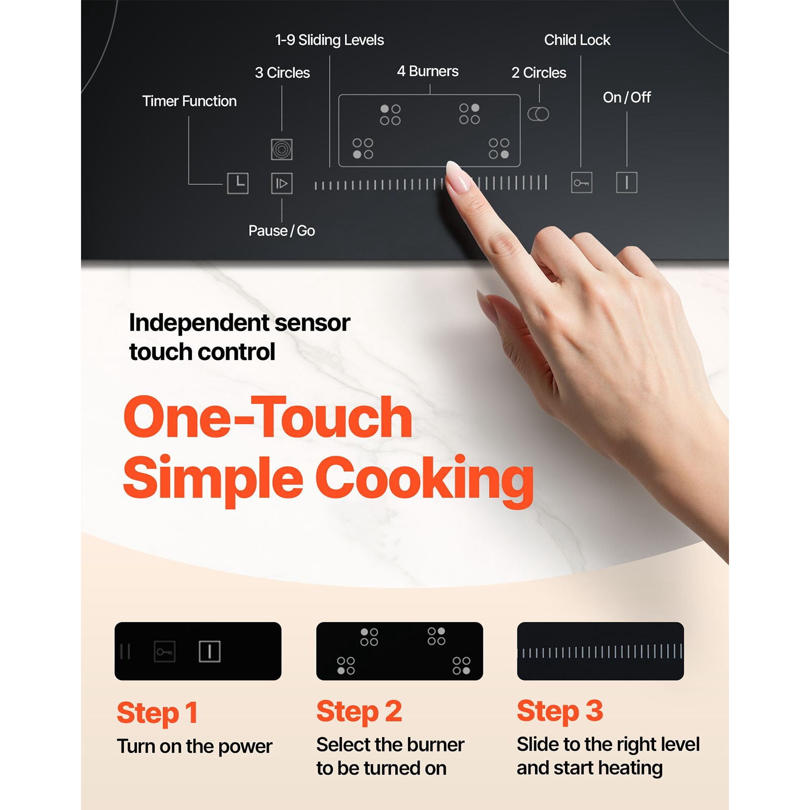Built in Electric Stove Top, 30.3 x 20.5 inch 4 Burners, 240V Glass Radiant Cooktop with Sensor Touch Control, Timer & Child Lock Included, 9 Power Levels for Simmer Steam Slow Cook Fry