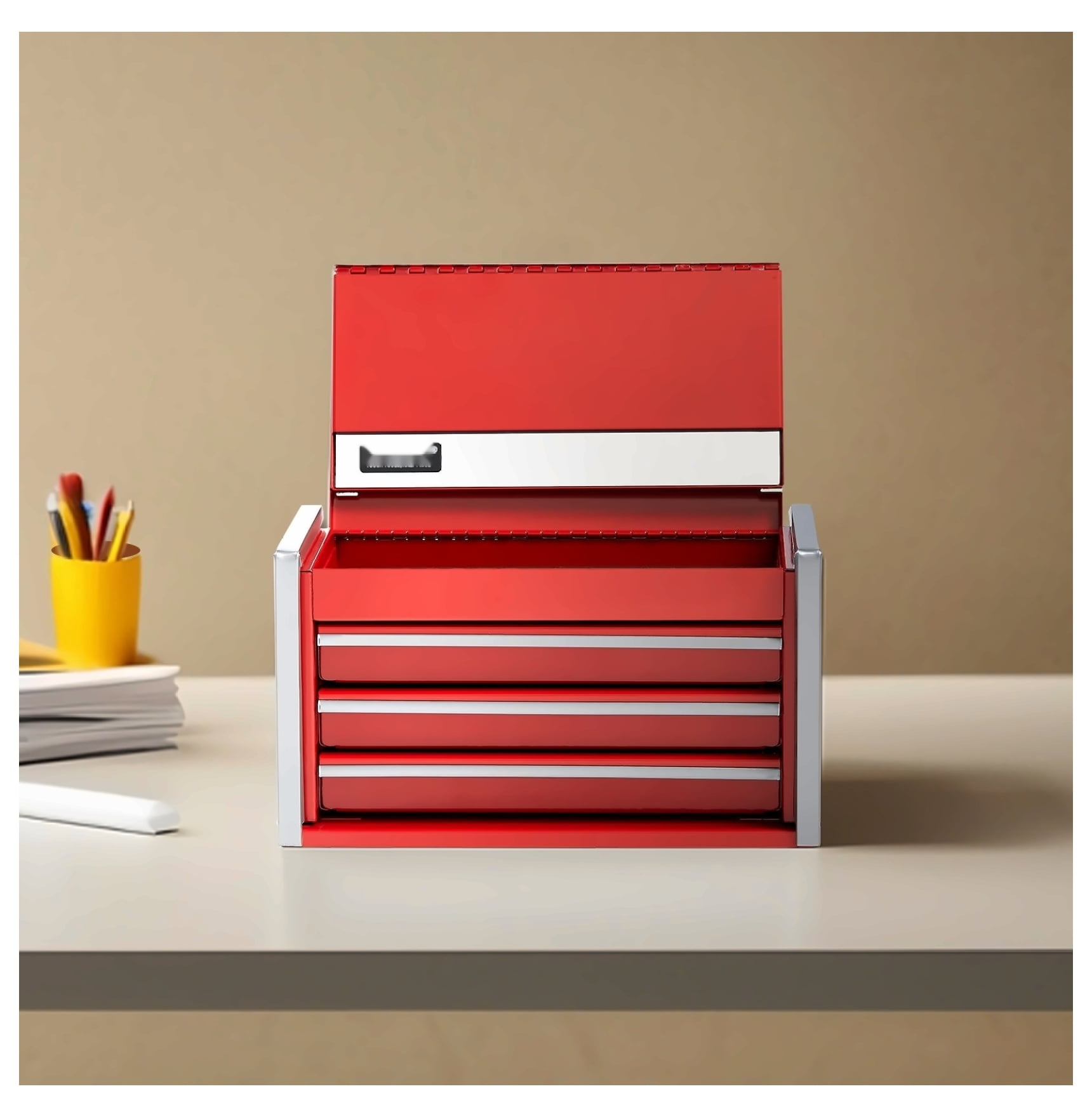 Metal Tool Box 8.6-inch, 3 Drawer Portable Tool Organizer, Small Steel Toolbox with Lock, Red