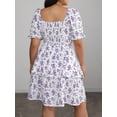 thumbnail image 2 of Plus Size Womens Purple Floral Square Neck Short Sleeve Double Ruffle Hem A-Line Dress, 2 of 7