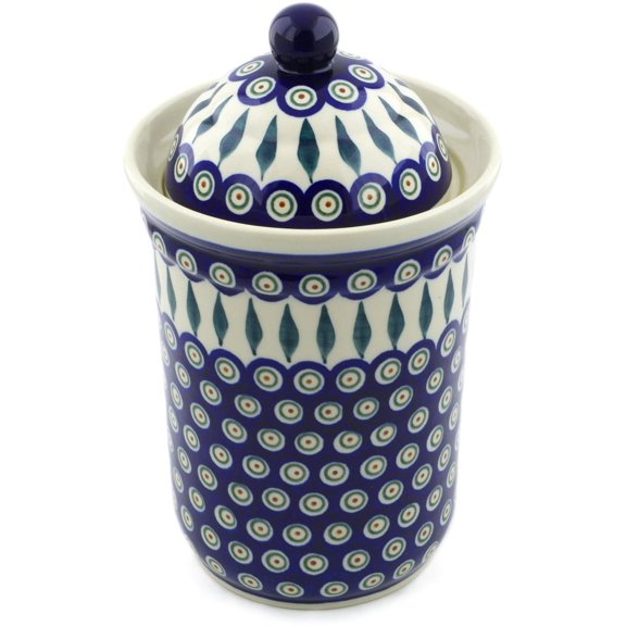 Polish Pottery 11¼-inch Jar with Lid (Peacock Leaves Theme) Hand Painted in Boleslawiec, Poland   Certificate of Authenticity