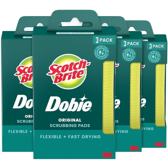 Dobie Non-Scratch All-Purpose Scrub Pads, 12 Total Pads (6 Packs of 2), Reusable Scouring Sponges for Kitchen & Bathroom, Safe on Non-Stick Cookware, Yellow