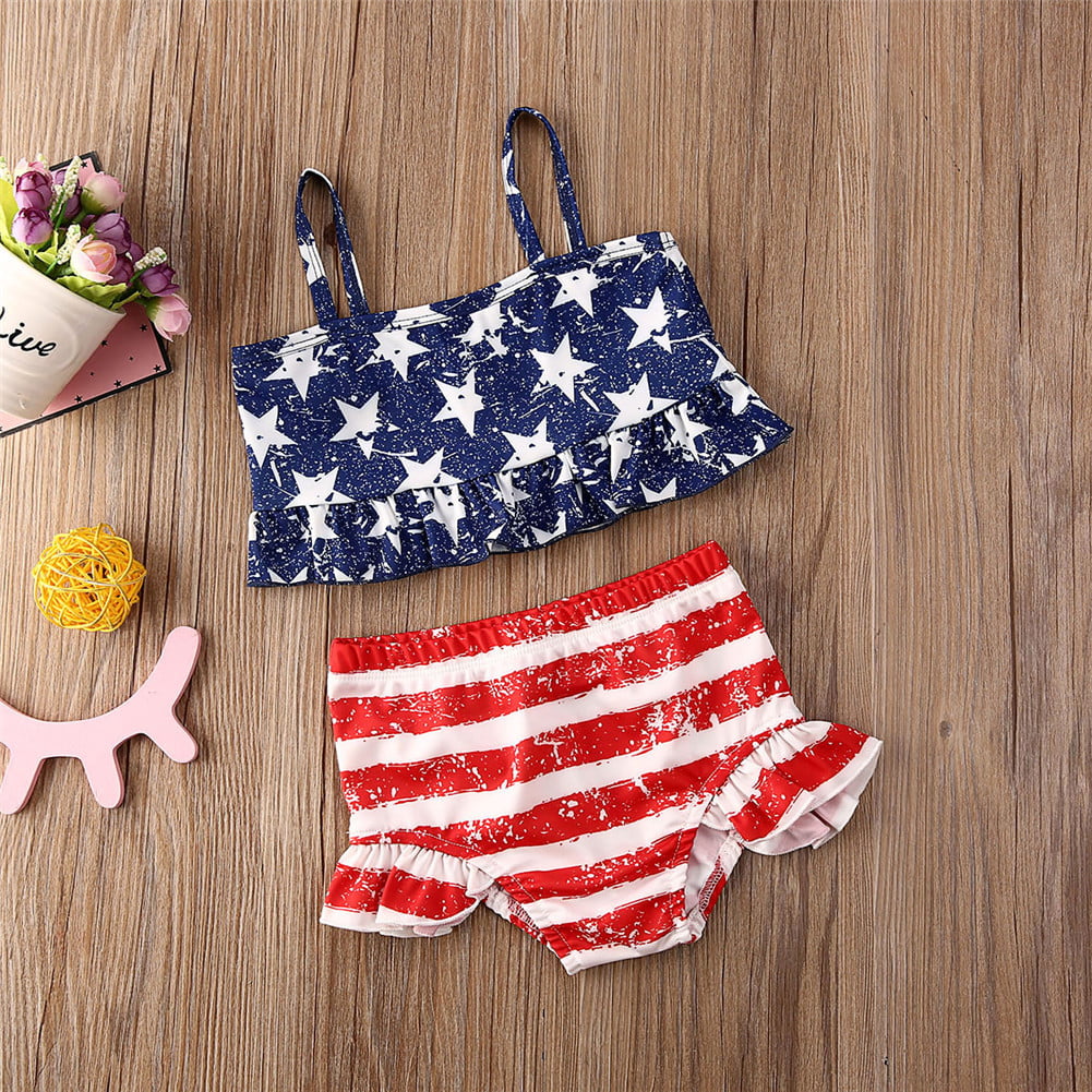 Toddler Baby Girls USA Flag Two Piece Swimsuit Sleeveless Stars Crop Top and Stripes Short Bikini 