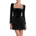 thumbnail image 3 of Vestido Midi Ajustado de Terciopelo para Mujer, Elegante Vestido de Cóctel de Larga con Escote Cuadrado y Dobladillo con Volantes Negro XL, 3 of 10