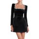 thumbnail image 3 of Vestido Midi Ajustado de Terciopelo para Mujer, Elegante Vestido de Cóctel de Larga con Escote Cuadrado y Dobladillo con Volantes Negro XL, 3 of 10