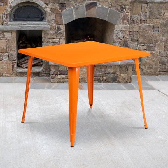 BizChair Commercial Grade 35.5" Square Orange Metal Indoor-Outdoor Table