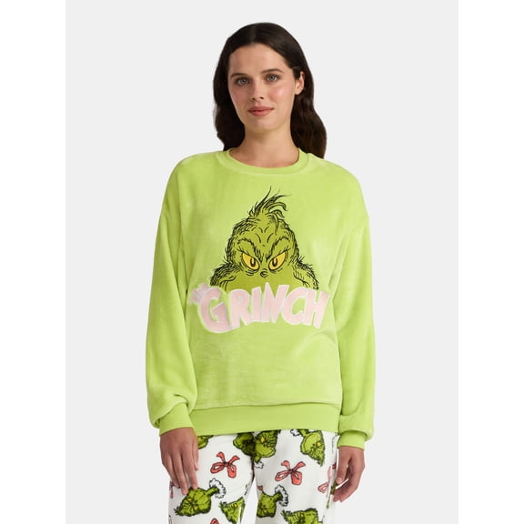 Dr. Seuss The Grinch Women's Plush Graphic Sweatshirt with Long Sleeves, Sizes XXS-XXL