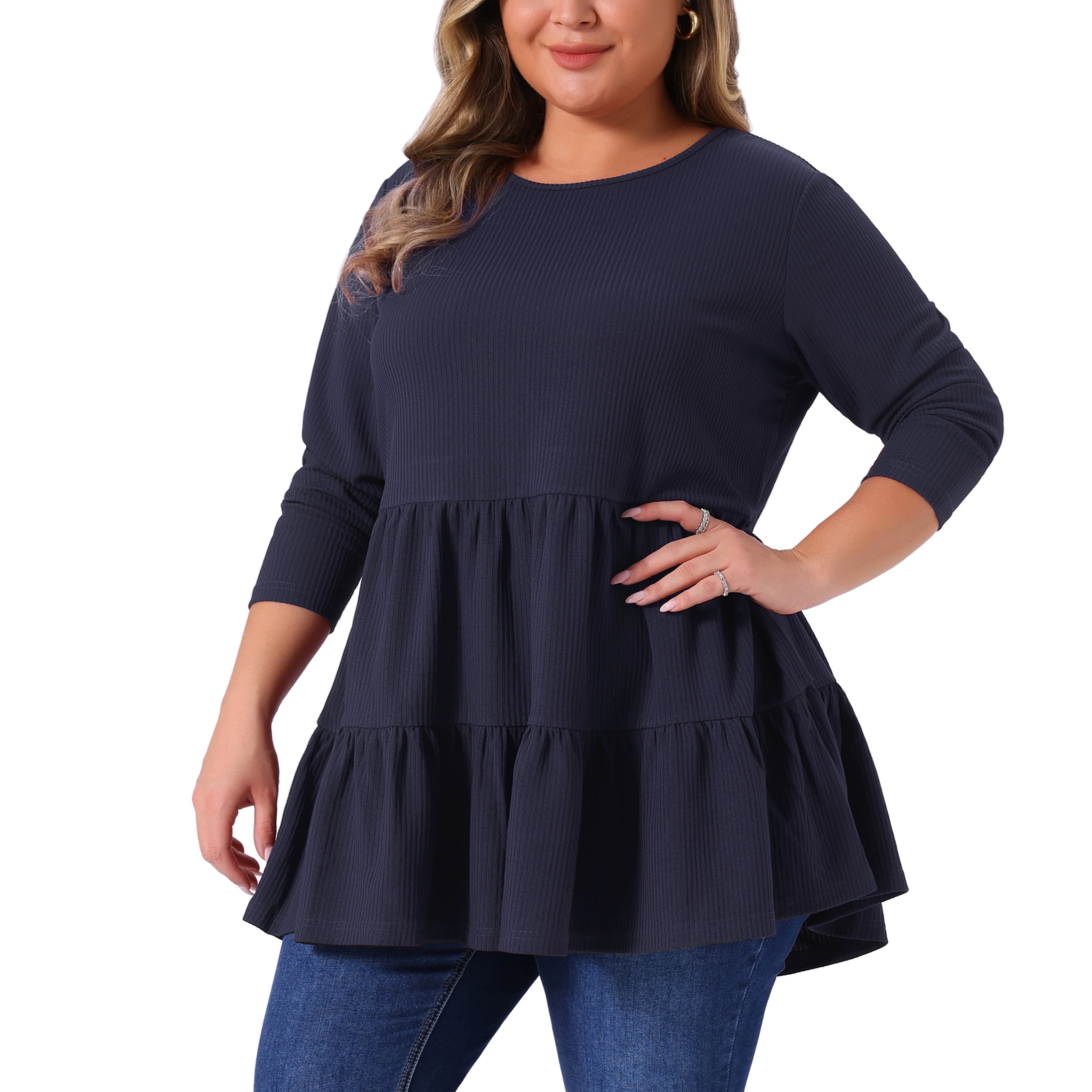DARING DIVA Women's Plus Babydoll Crew Neck Casual Loose Peplum Tops 3X Navy Blue