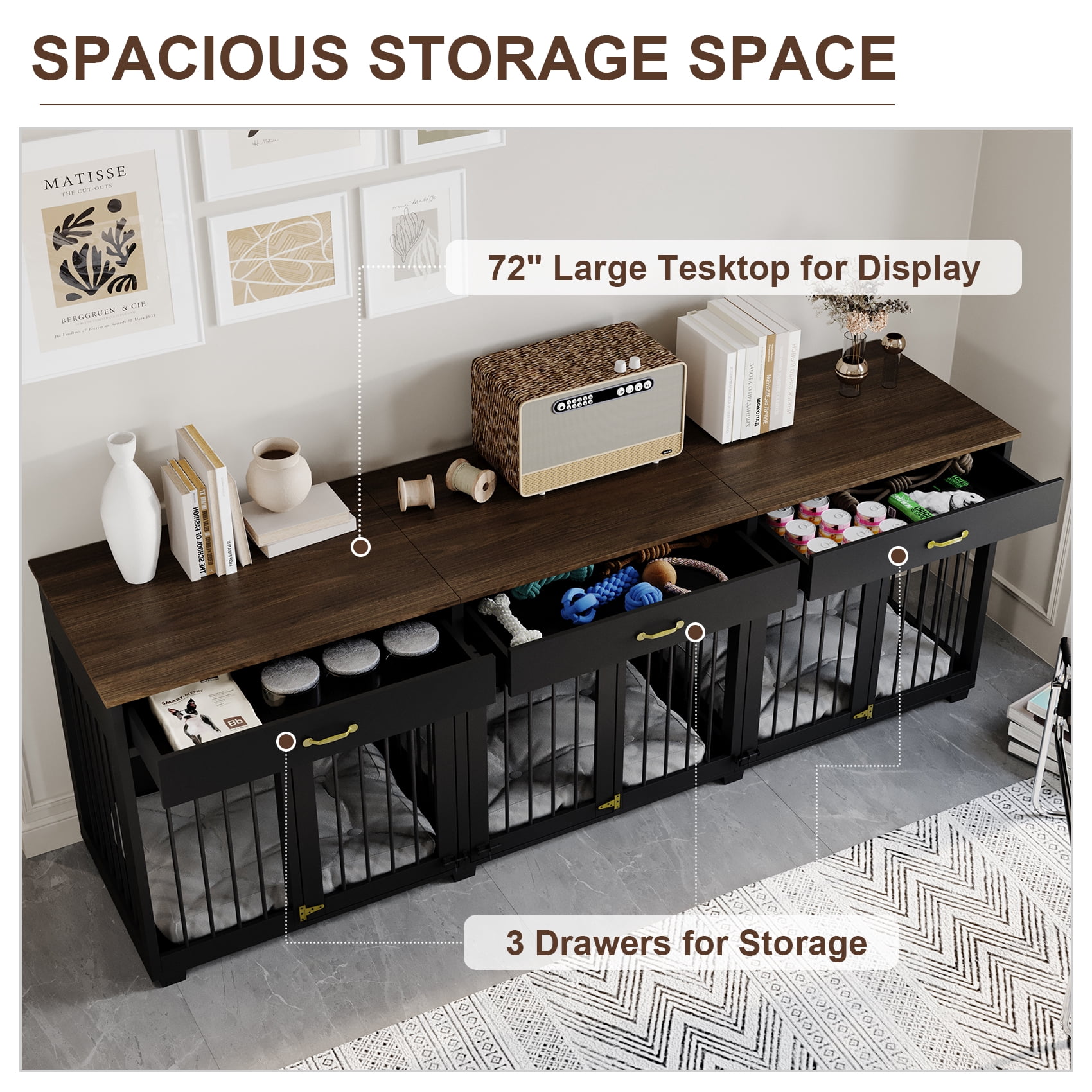 Jenser Multi-Functional 3-Door 95" Wooden Furniture Style Crate for Dog with 2 Dividers