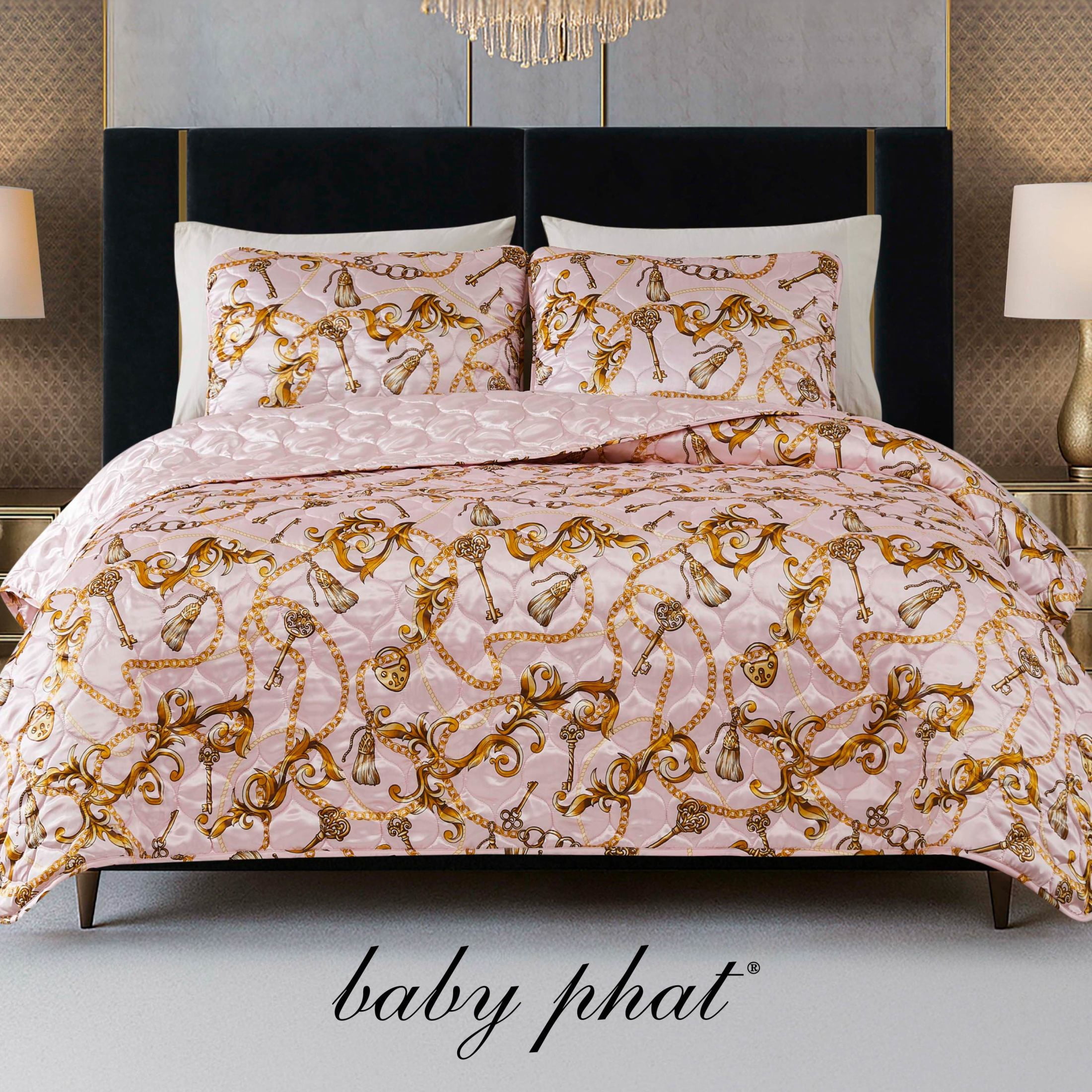 Baby Phat Printed Satin Chain Light Pink 3-Piece Quilt Set, King