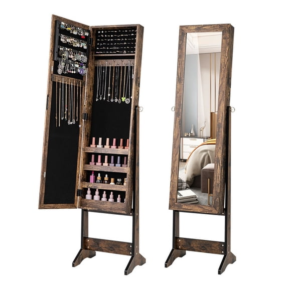 Furnibear Mirrored Standing Jewelry Cabinet, Jewelry Armoire Organizer Storage Box with Mirror, Brown