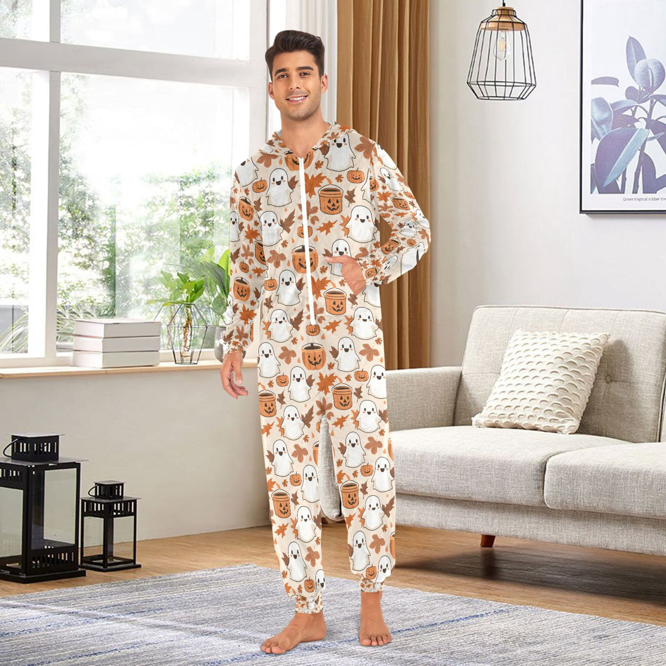 Adult Christmas Onesie Pumpkin Ghost Fall Leaves Adult Zipper One-Piece Pajamas Unisex Pajamas with Pockets