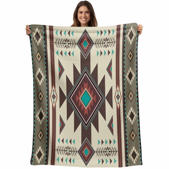 Flannel Fleece Throw Blanket Aztec Tribal Ethnic Style Lightweight Soft Plush Blankets,Retro Brown Geometric Cozy Warm Throw Blanket for Couch Sofa Bed Car Office All Season Use 40x50in