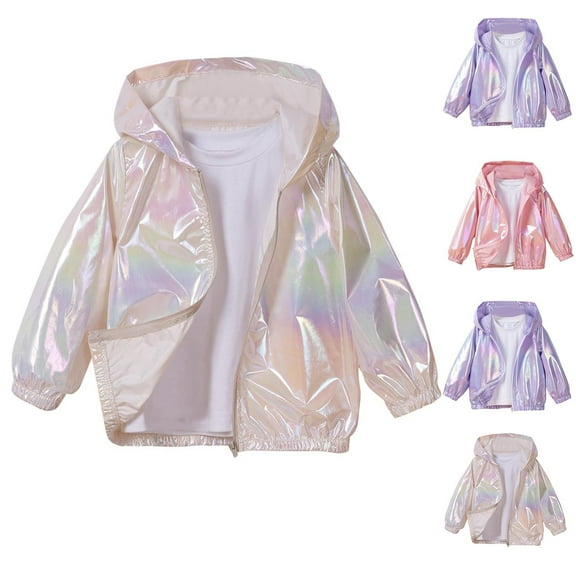 Lovzfmll Toddler Girls Laser Glitter Hooded Jacket, Thin Zip-Front Windbreaker, Sparkly Warm Winter Coat for Play for 9 Months - 8 Years