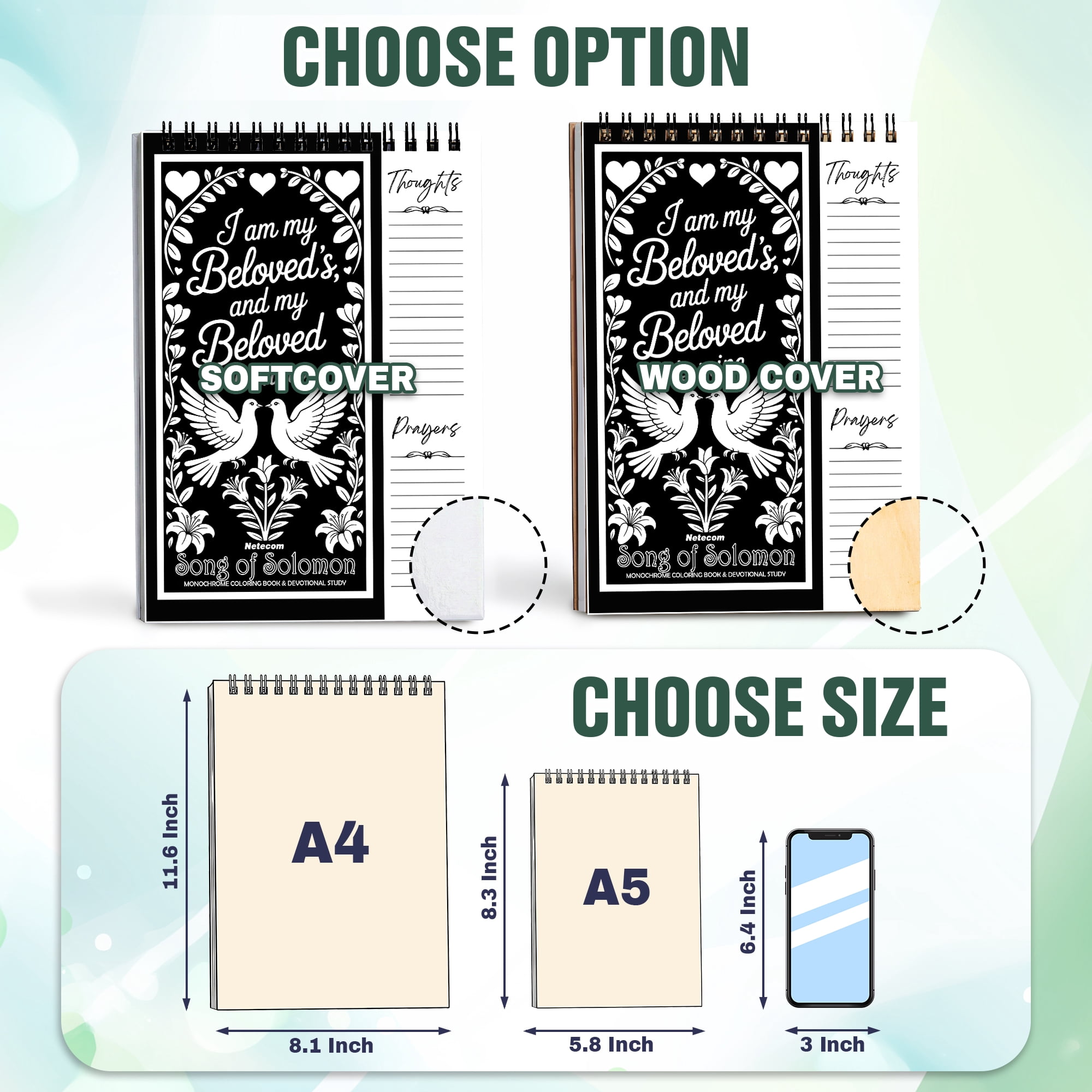 Song of Solomon Monochrome Coloring Book for Adults, 30 Minimalist Scripture Art Pages with Reflection & Prayer Space, Spiral Bound, A4 or A5 Softcover or Wood Cover