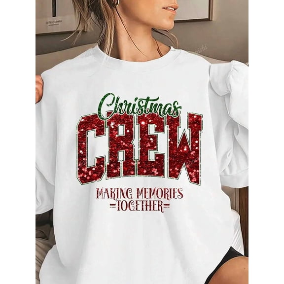 Women's Christmas Crew Matching Family Letter Print Sweatshirt - Glitter Red Holiday Design, Cozy Round Neck Casual Pullover, Machine Washable Medium Stretch For Autumn Winter Family Gatherings, Fami