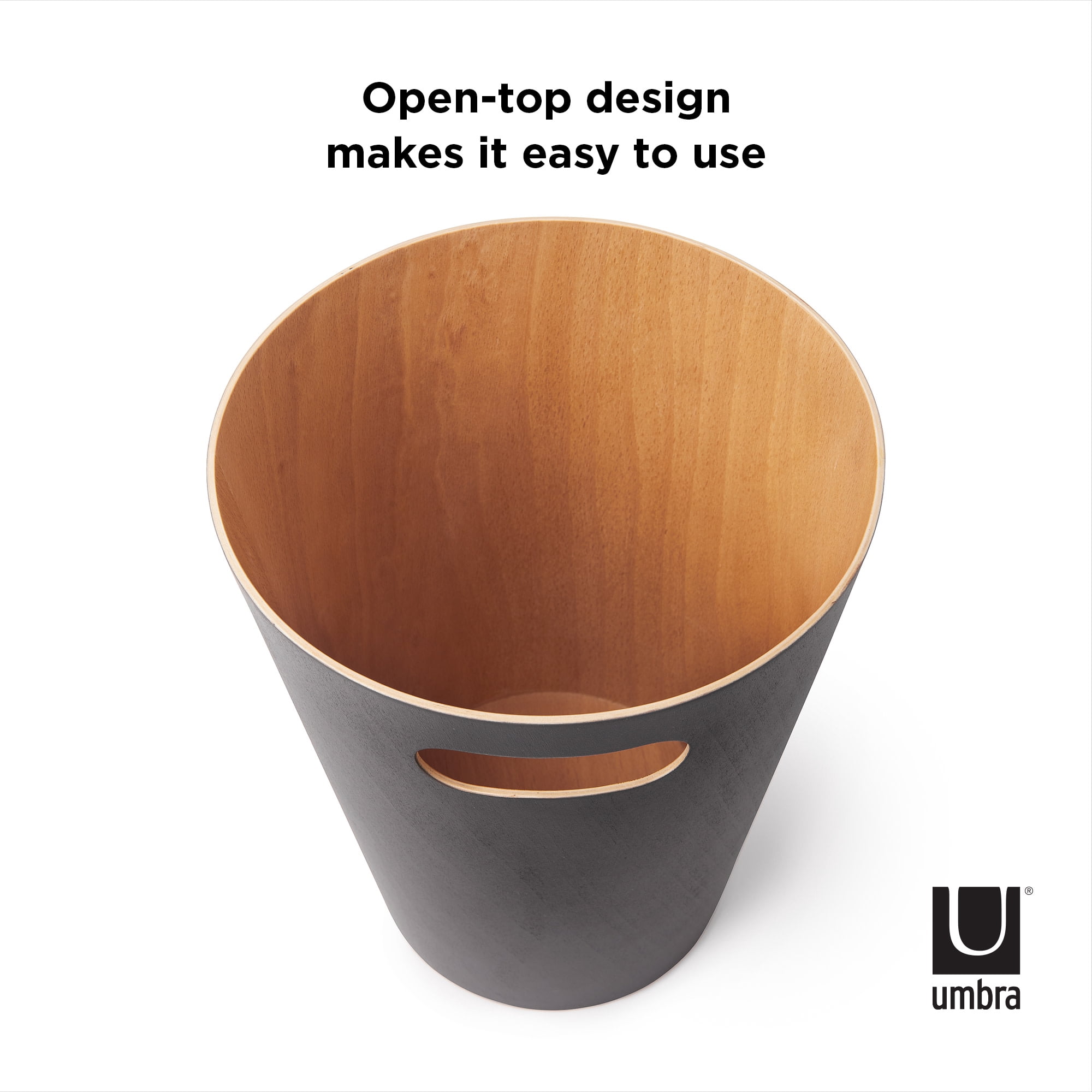 Umbra 2 gal Woodrow Wood Open Top Bathroom, Bedroom, Office Trash Can, Charcoal and Natural