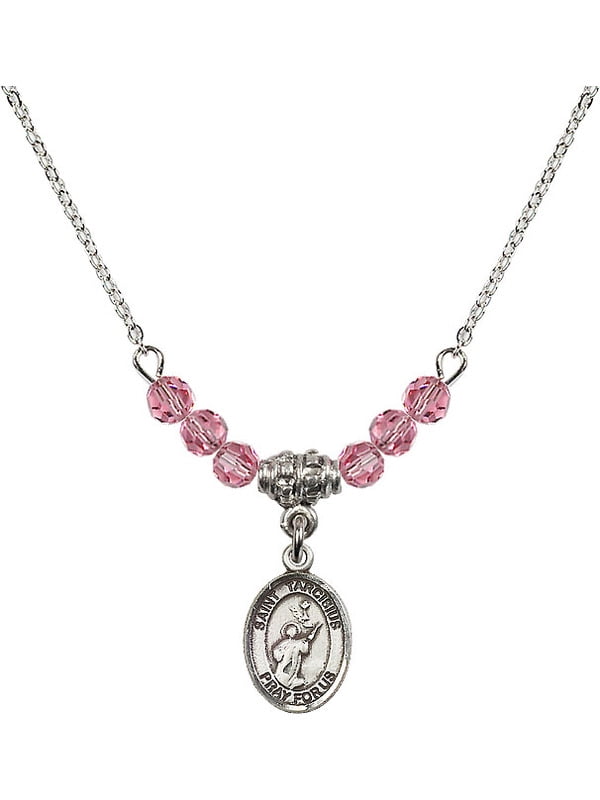 Bonyak Jewelry 18 Inch Rhodium Plated Necklace w/ 4mm Rose Pink October Birth Month Stone Beads and Saint Tarcisius Charm