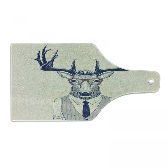 Hipster Cutting Board, Business Man Humanized Manly Deer Contemporary Art, Decorative Tempered Glass Cutting and Serving Board, in 3 Sizes, by Ambesonne