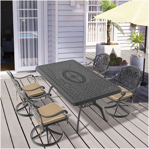 Black 5-Pc Cast Aluminum Patio Set with 360 Swivel Chairs and Rectangular Table