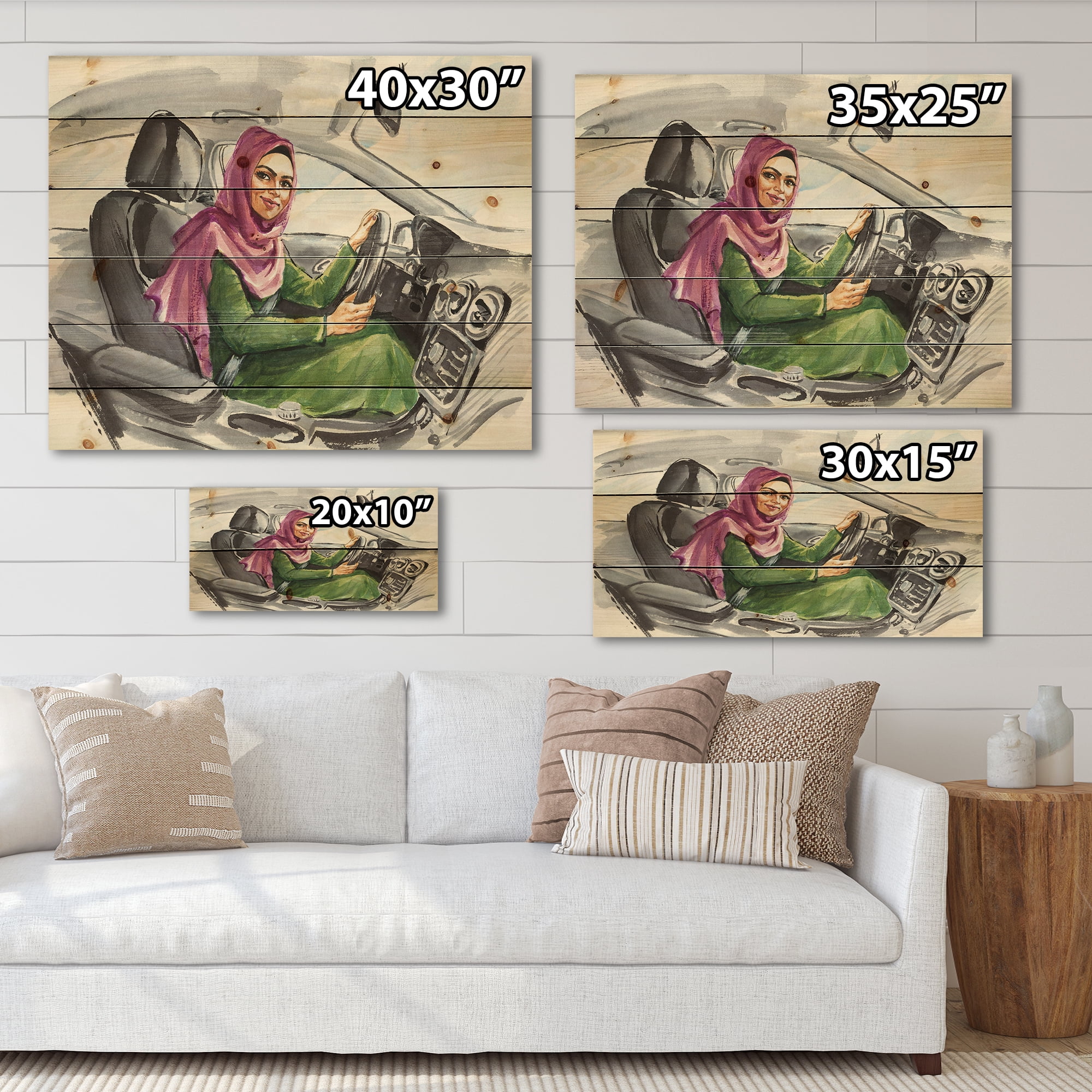 Designart 'Arabian Lady Driving A Car II' Modern Print on Natural Pine Wood