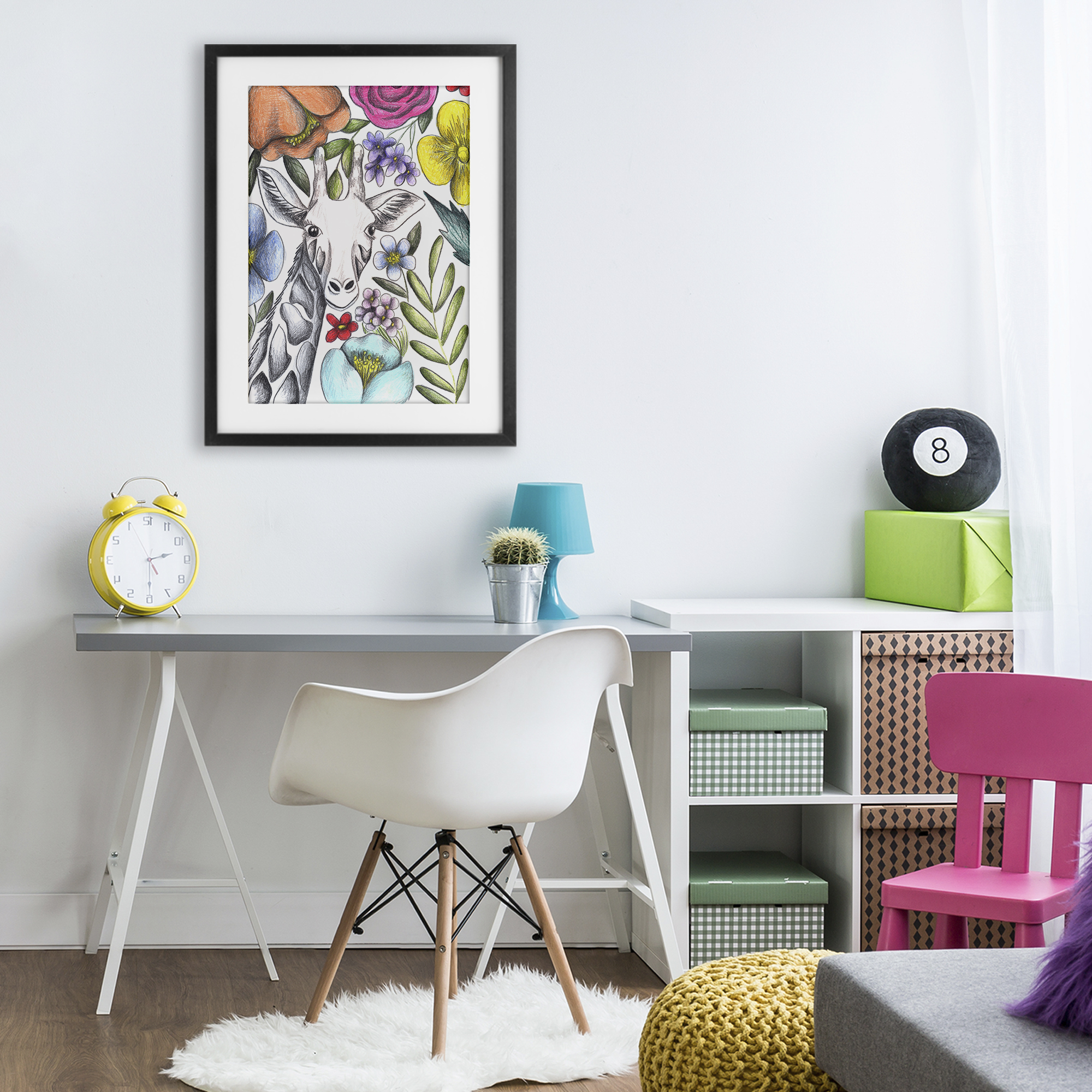Giraffe In The Midst of Flowers Black Framed Print Under Glass, design by Cecilia Battaini