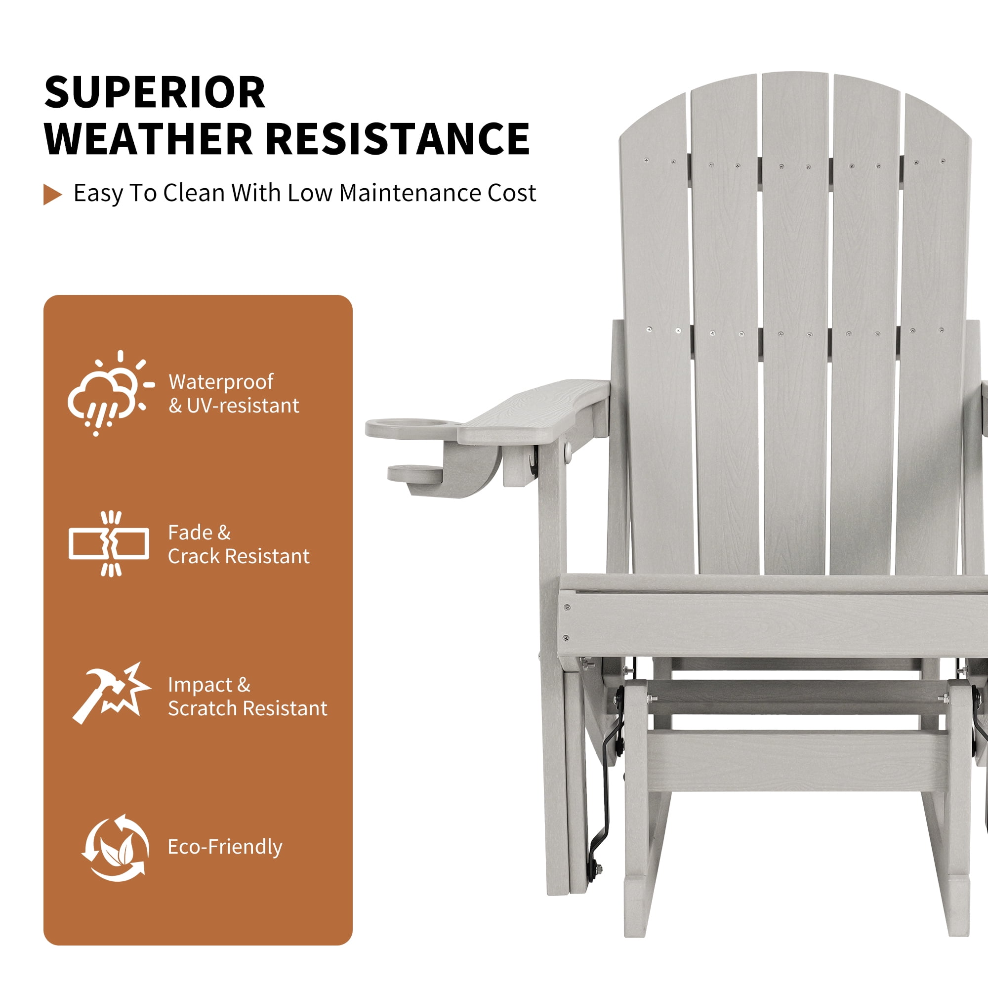 DEAUL HDPE Adirondack Outdoor Glider Chair, 3-Position Adjustable Backrest Patio Glider, All-Weather Heavy Duty Chair for Pool, Yard, Gray (1 PC)