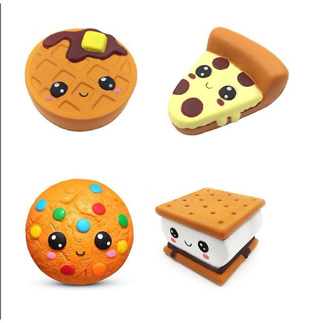 Juguetes para apretar, juguetes gigantes que aumentan lentamente de tamaño y que alivian el estrés, como gofres, pizzas, tazas de café y más.
